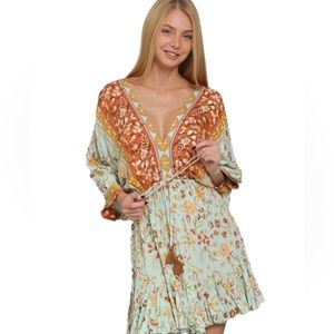 99. Women’s Blue/Camel Dolman Sleeve Tie Dress NWT